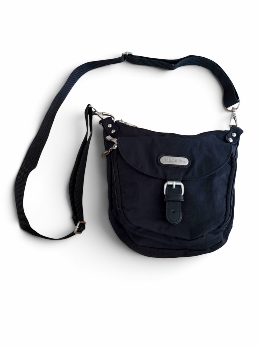 BAGGALLINI Black Nylon Crossbody Bag Flap Buckle Travel